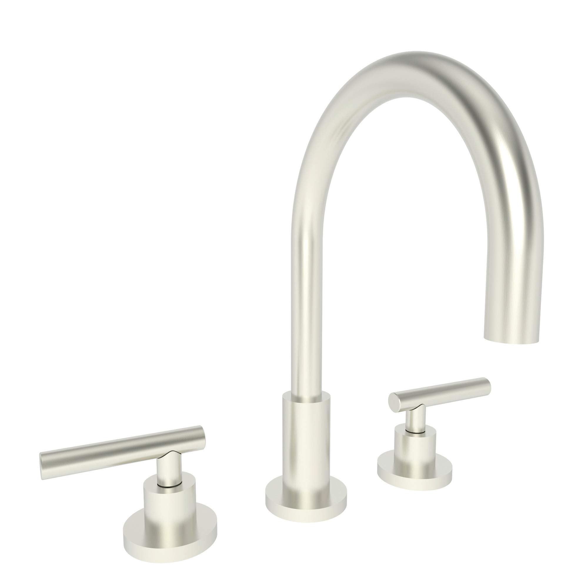 Three-piece satin nickel bathroom faucet with arched spout and linear lever handles.