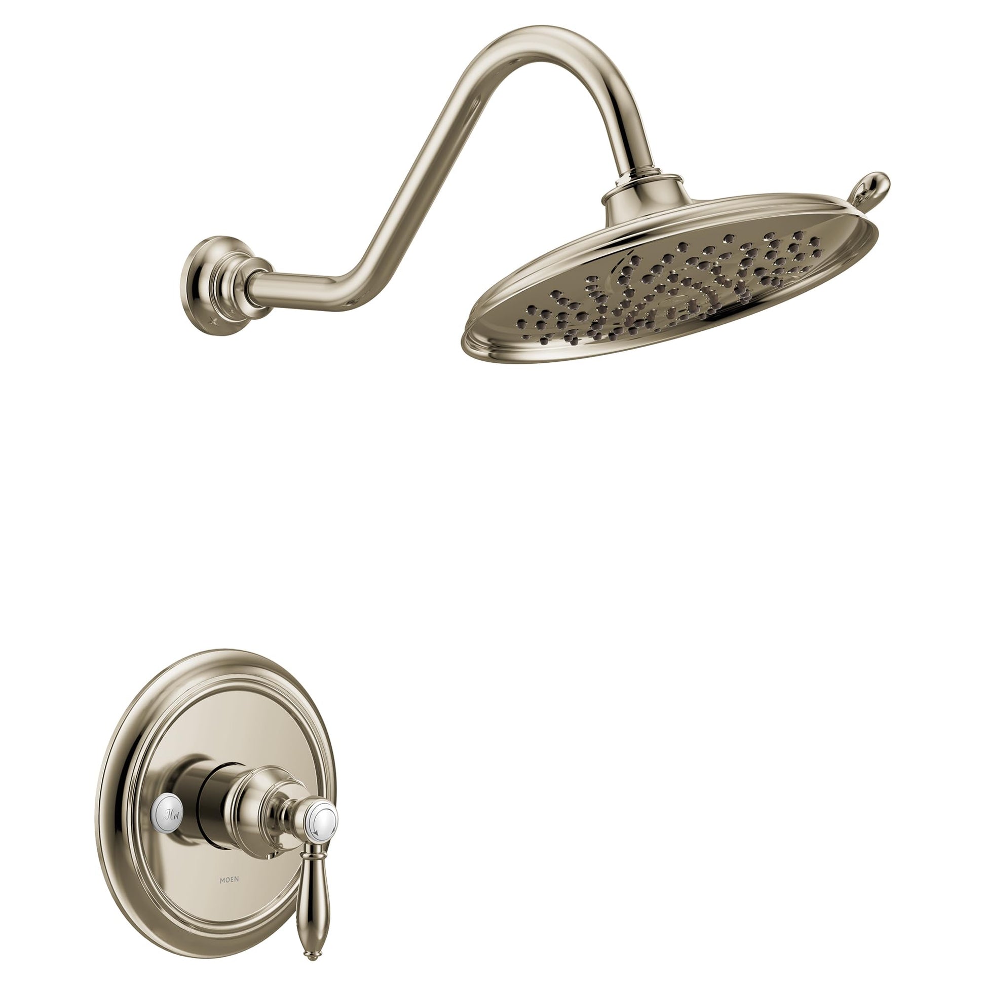 Polished nickel shower trim kit with curved arm, oval showerhead with perforations, and single-handle wall-mounted valve.