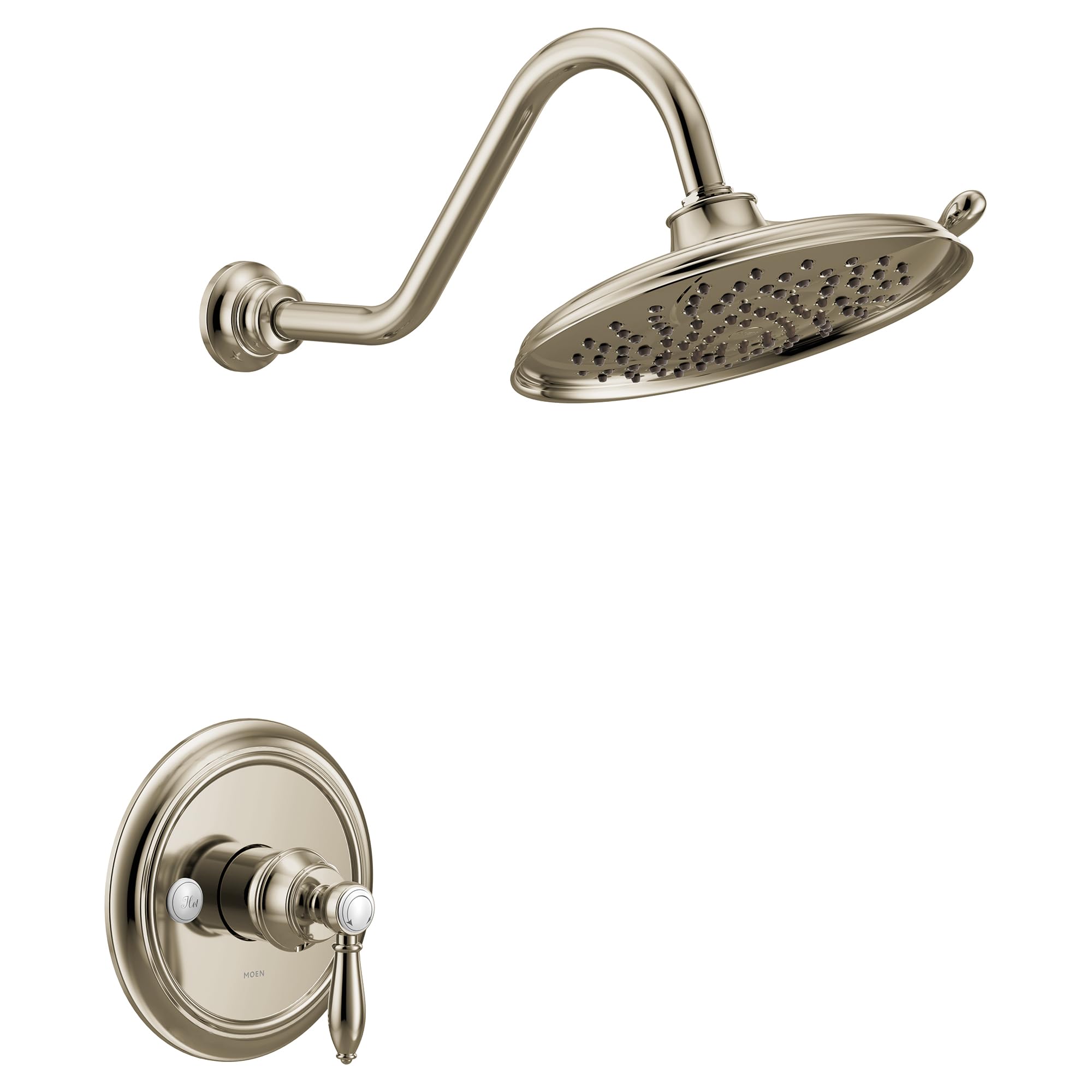 Polished nickel shower trim kit with curved arm, oval showerhead with perforations, and single-handle wall-mounted valve.