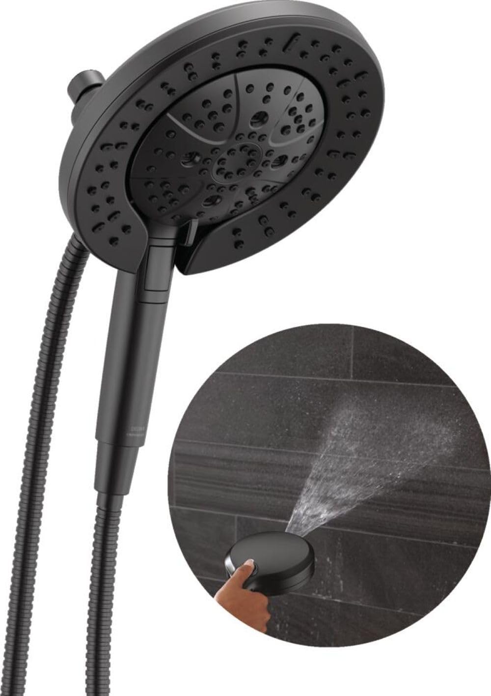 Matte black dual showerhead with multiple spray jets and flexible hose, detail shows handheld spray function.