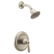 Brushed nickel shower trim with single lever handle, round showerhead, and wall-mounted escutcheon plate.