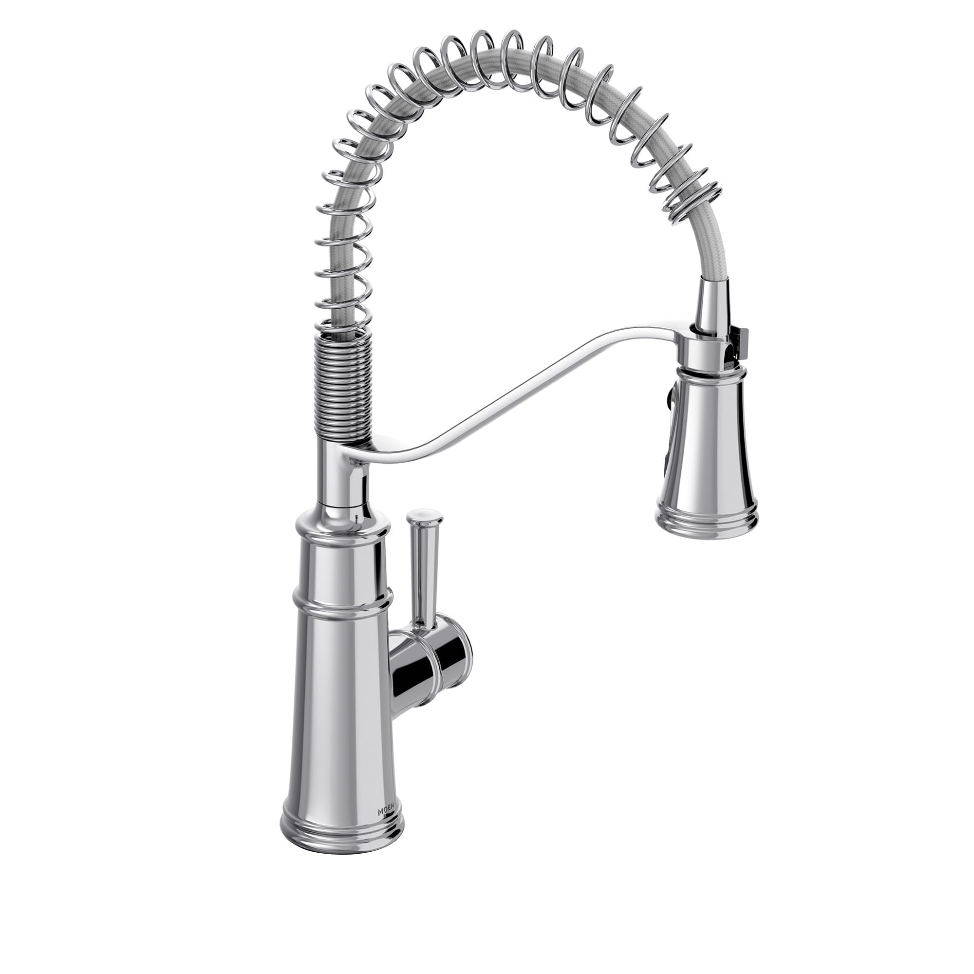 Chrome kitchen faucet with single handle, coiled spray hose, and tapered spout.