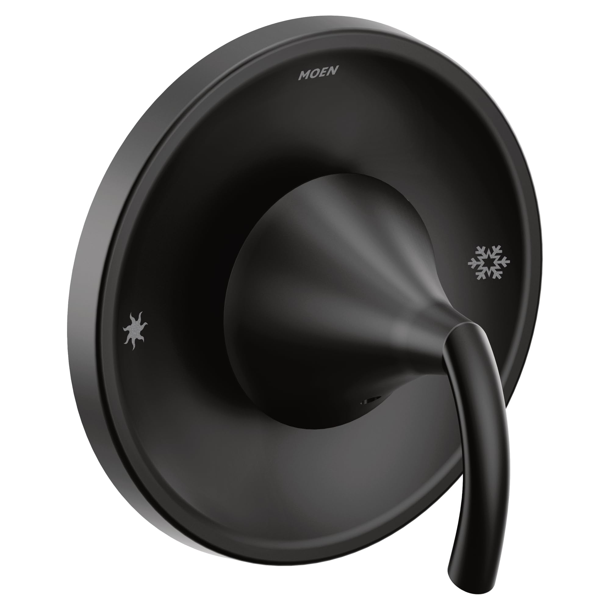 Moen Glyde Posi Temp valve trim with matte black circular escutcheon plate and lever handle.