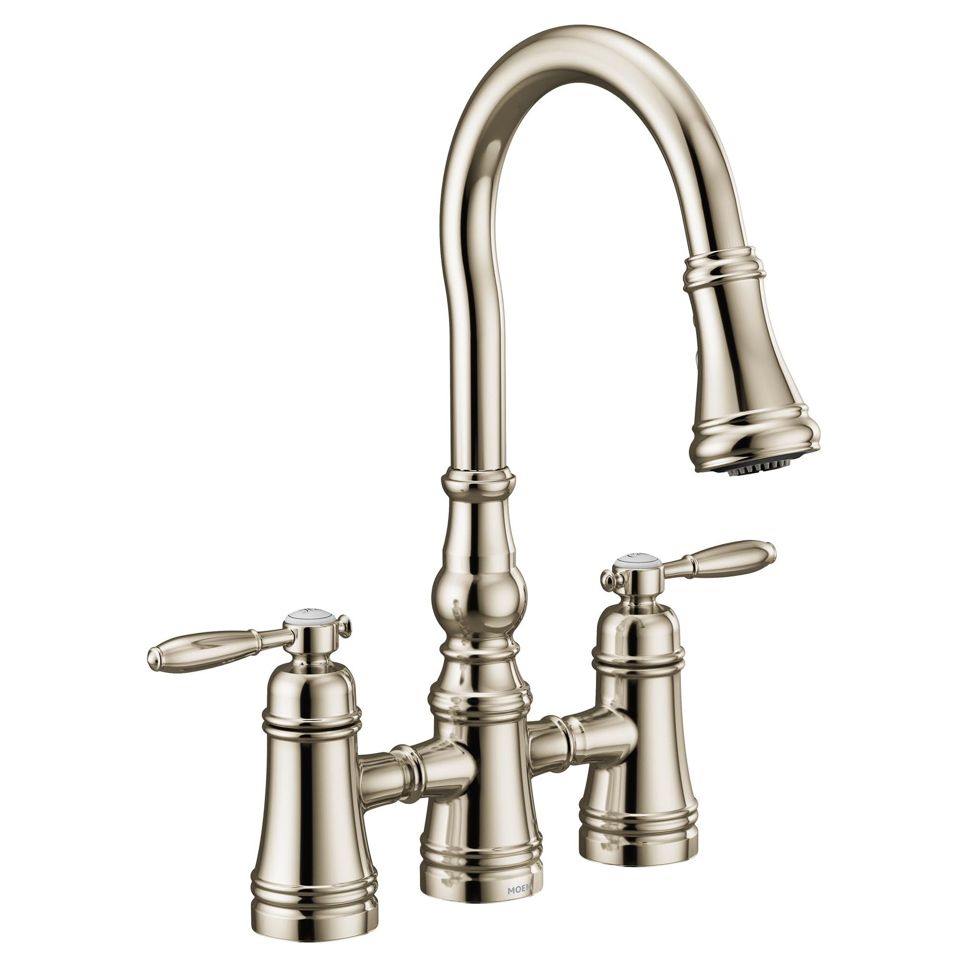 Polished nickel two-handle bridge kitchen faucet with high curved pulldown spout and lever handles.