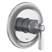 Chrome shower trim kit with single handle lever and circular escutcheon plate.