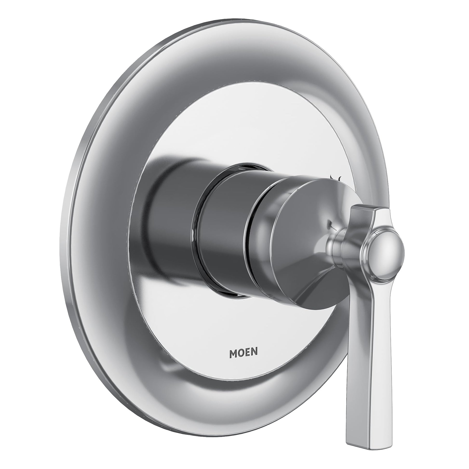 Chrome shower trim kit with single handle lever and circular escutcheon plate.