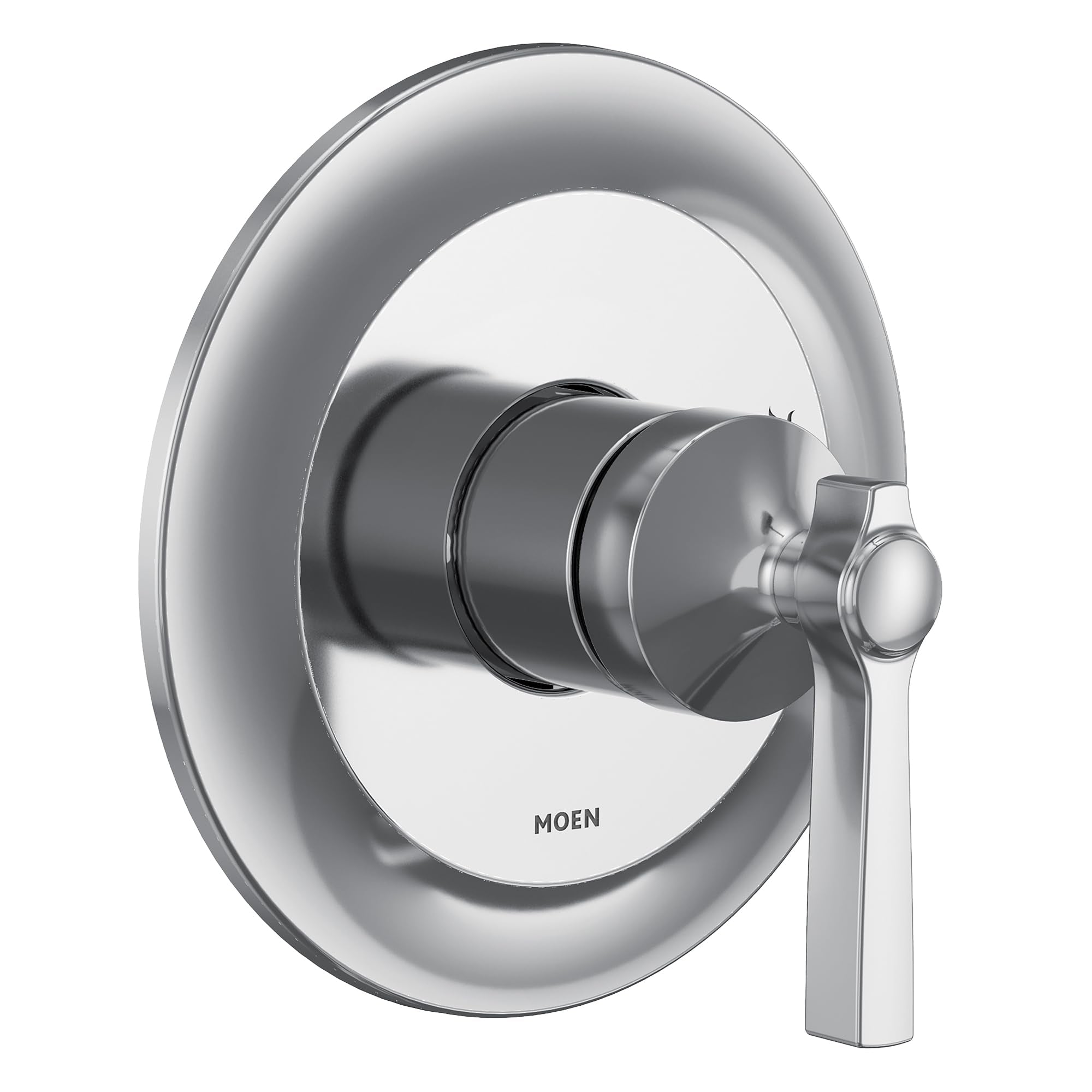 Chrome shower trim kit with single handle lever and circular escutcheon plate.