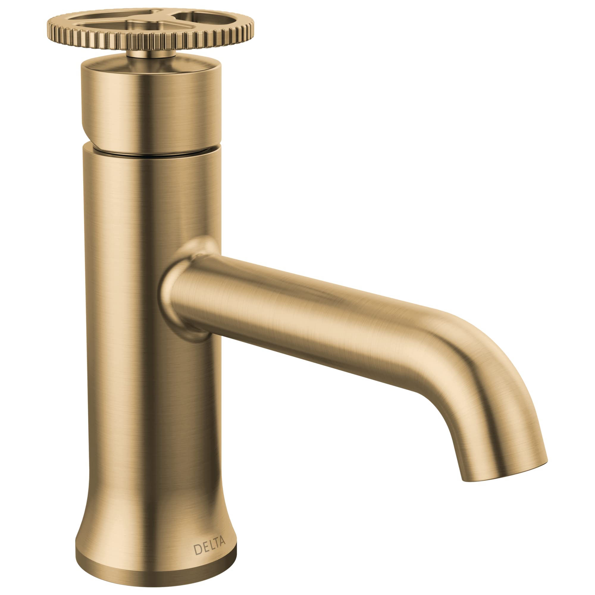 Brass single-handle bathroom faucet with cylindrical body, curved spout, and wheel handle on top.