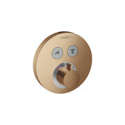 Round brushed bronze shower valve trim with two function buttons and central temperature control dial.