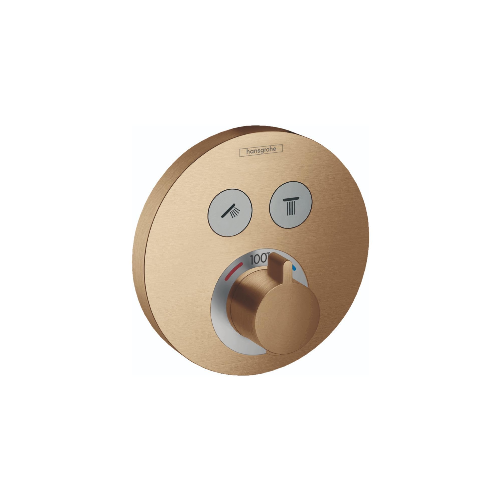 Round brushed bronze shower valve trim with two function buttons and central temperature control dial.