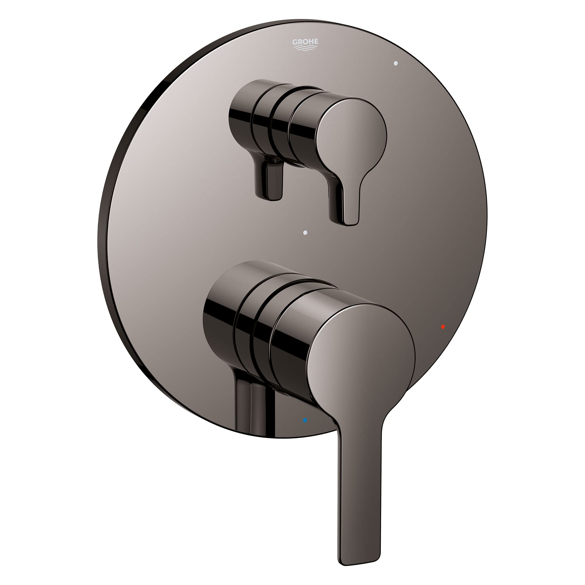 Grohe Lineare pressure balance valve trim with two lever handles and diverter in hard graphite finish.