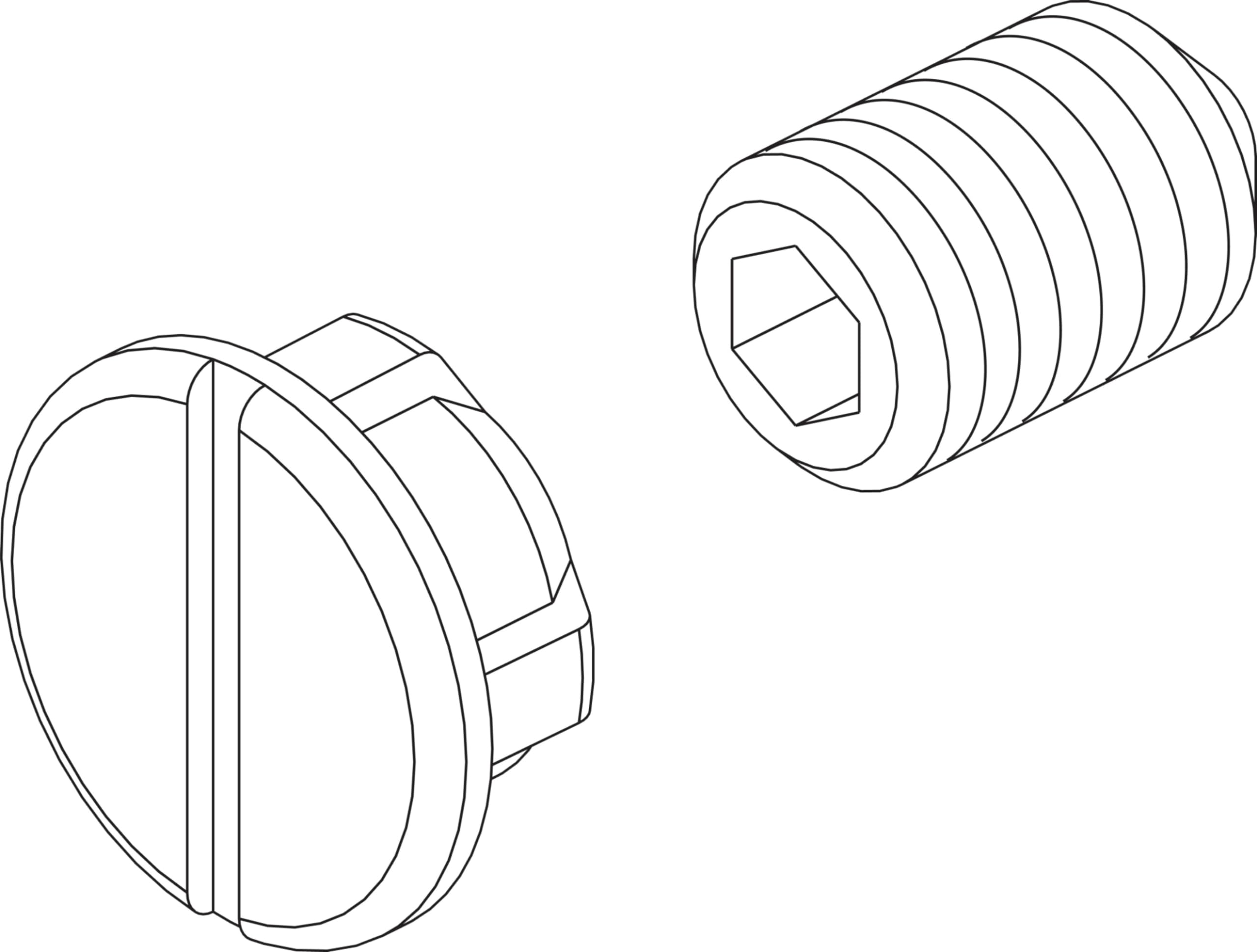 Line drawing of a circular handle knob and a threaded set screw with hexagonal socket.