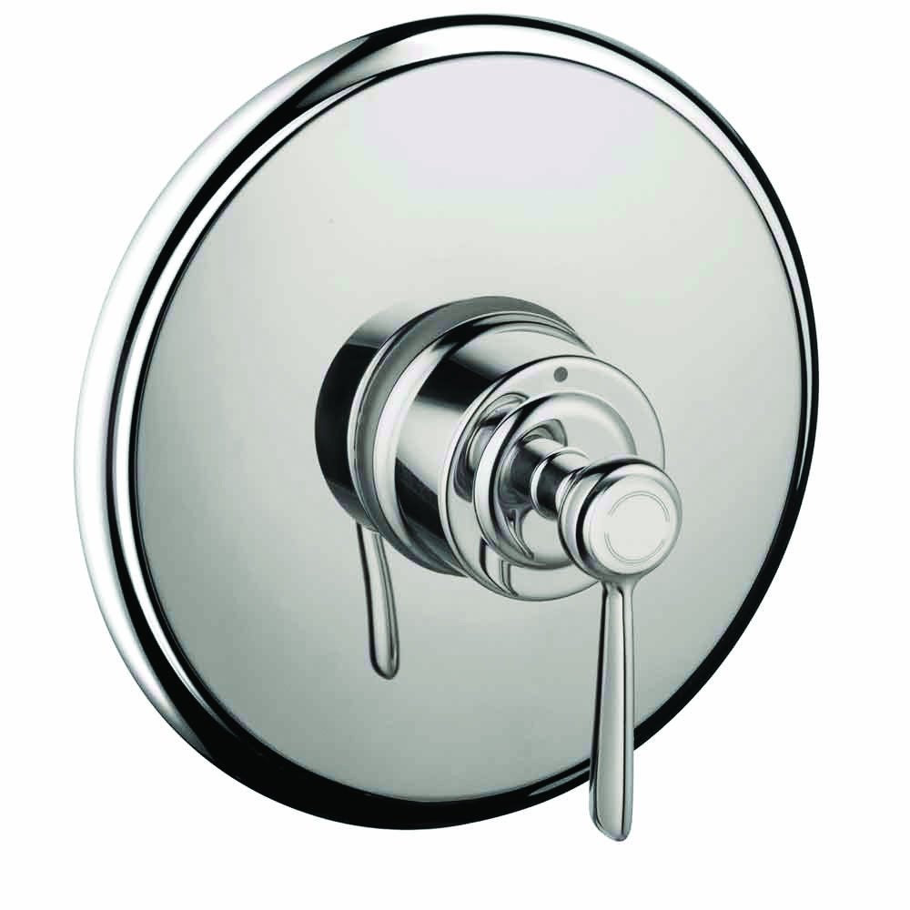 Chrome pressure balance valve trim with circular escutcheon plate and single lever handle.