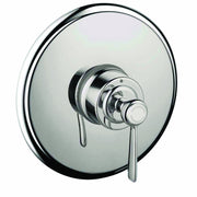 Chrome pressure balance valve trim with circular escutcheon plate and single lever handle.