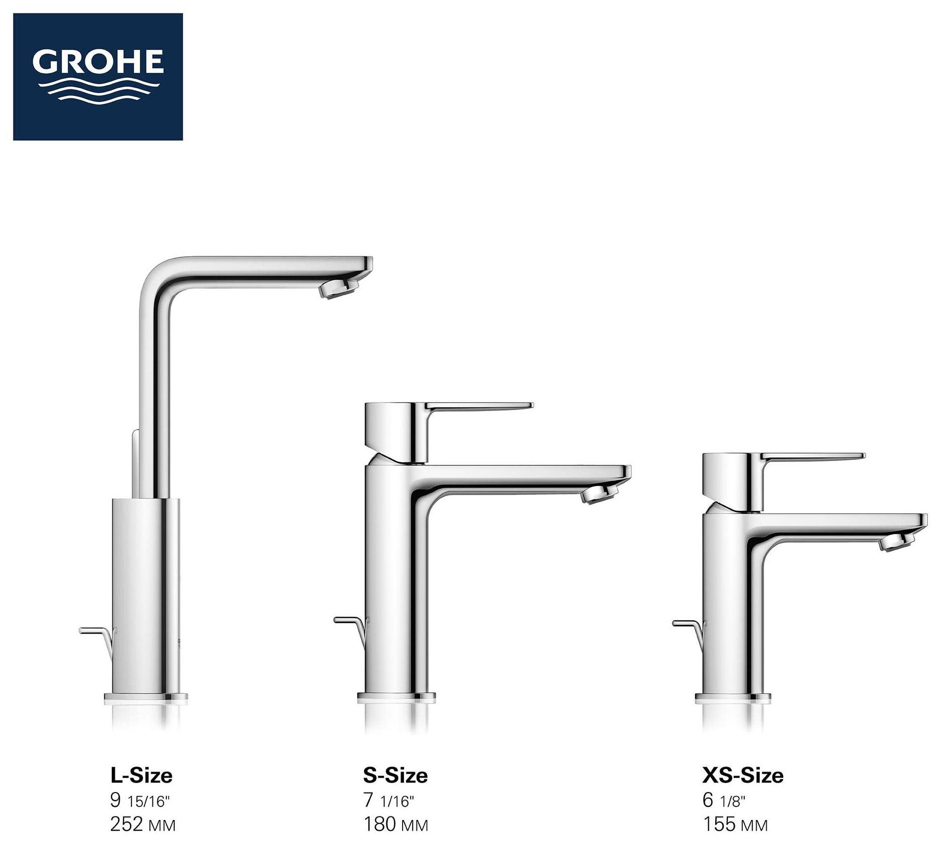 Grohe Lineare single-handle bathroom faucet in matte black shown in three size options: L-Size, S-Size, and XS-Size.