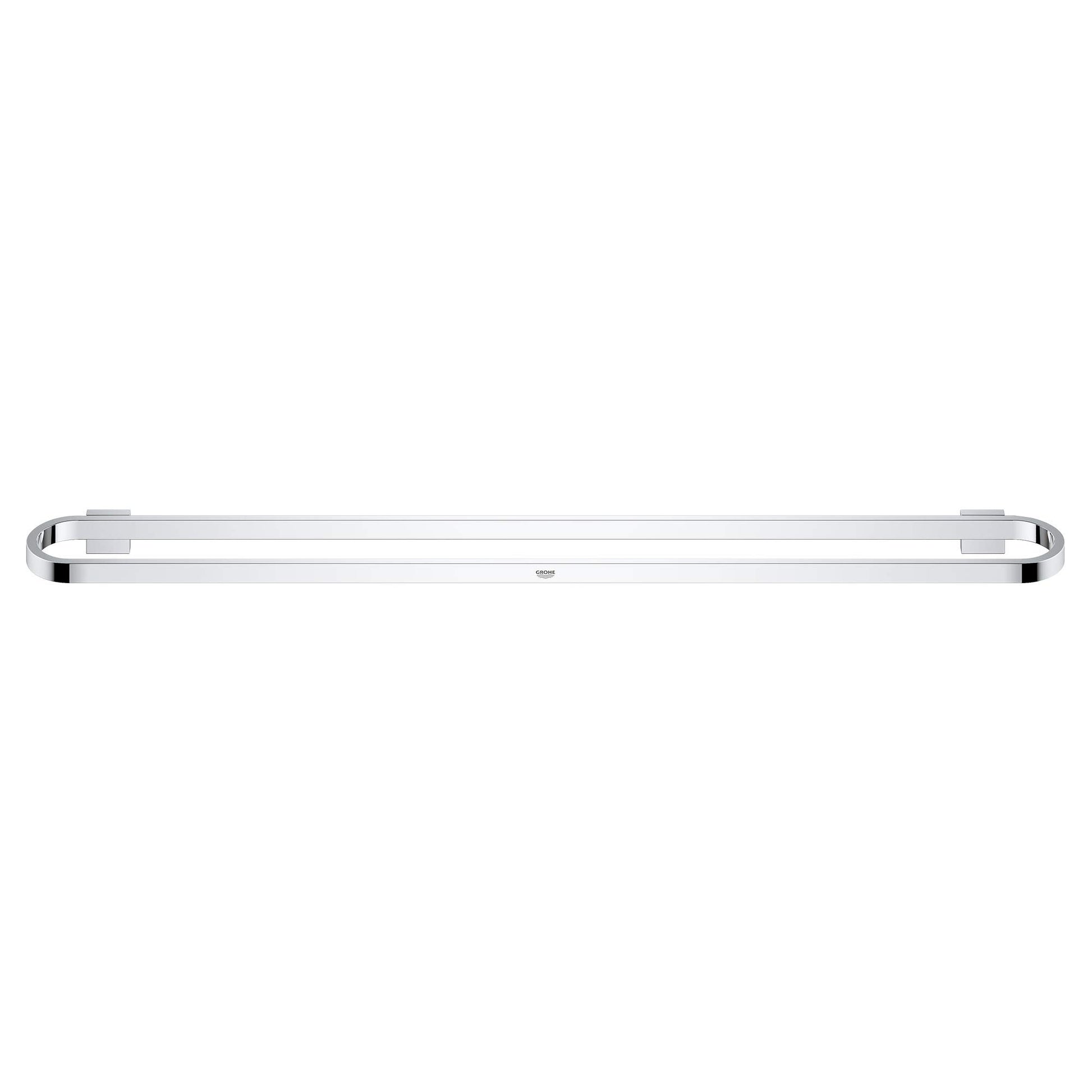 Chrome towel bar with rounded ends and mounting brackets, 32 inches long.