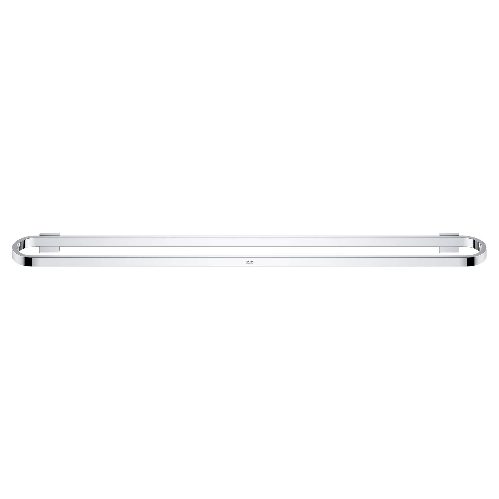 Chrome towel bar with rounded ends and mounting brackets, 32 inches long.