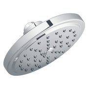 Chrome round shower head with multiple spray jets and adjustable arm mount.