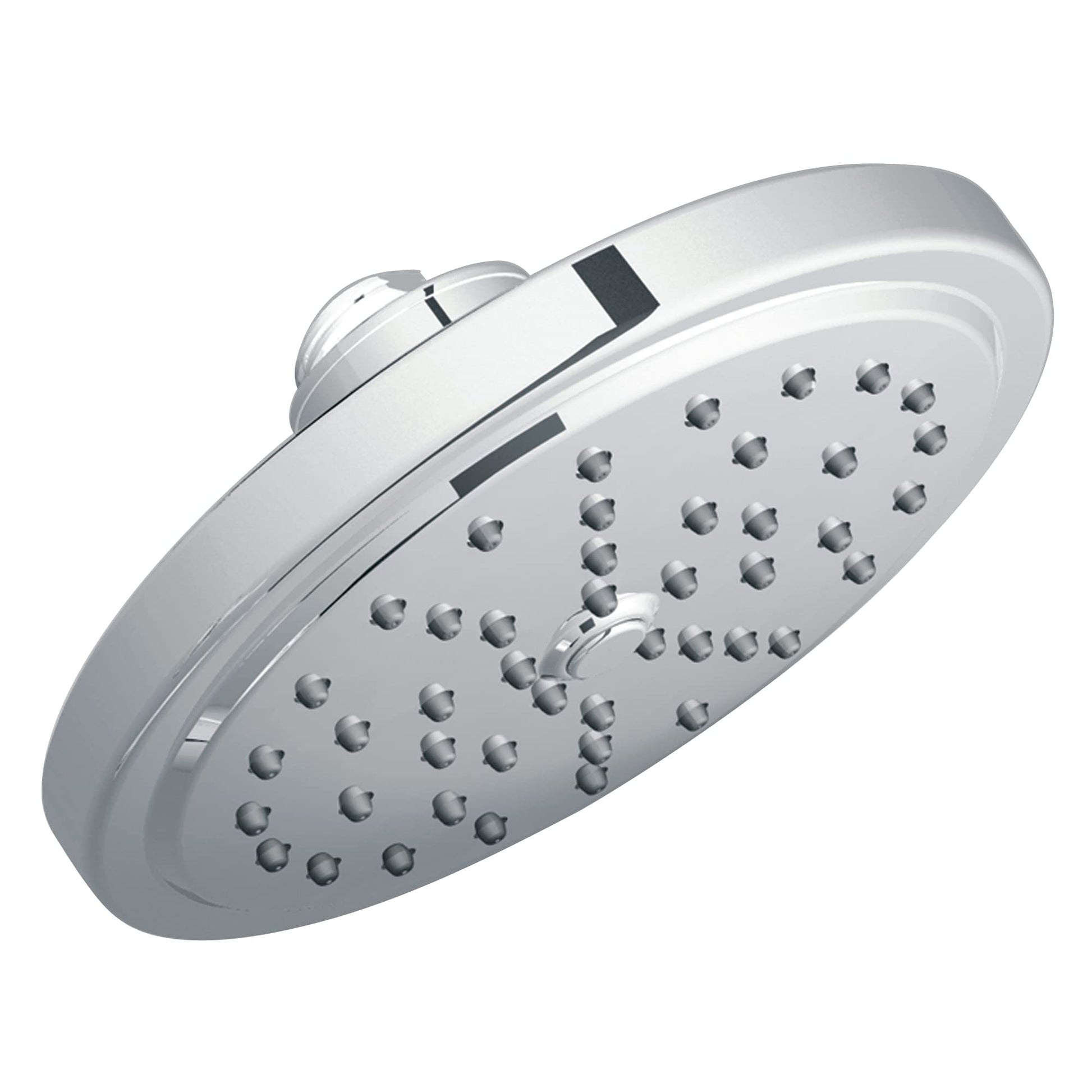 Chrome round shower head with multiple spray jets and adjustable arm mount.