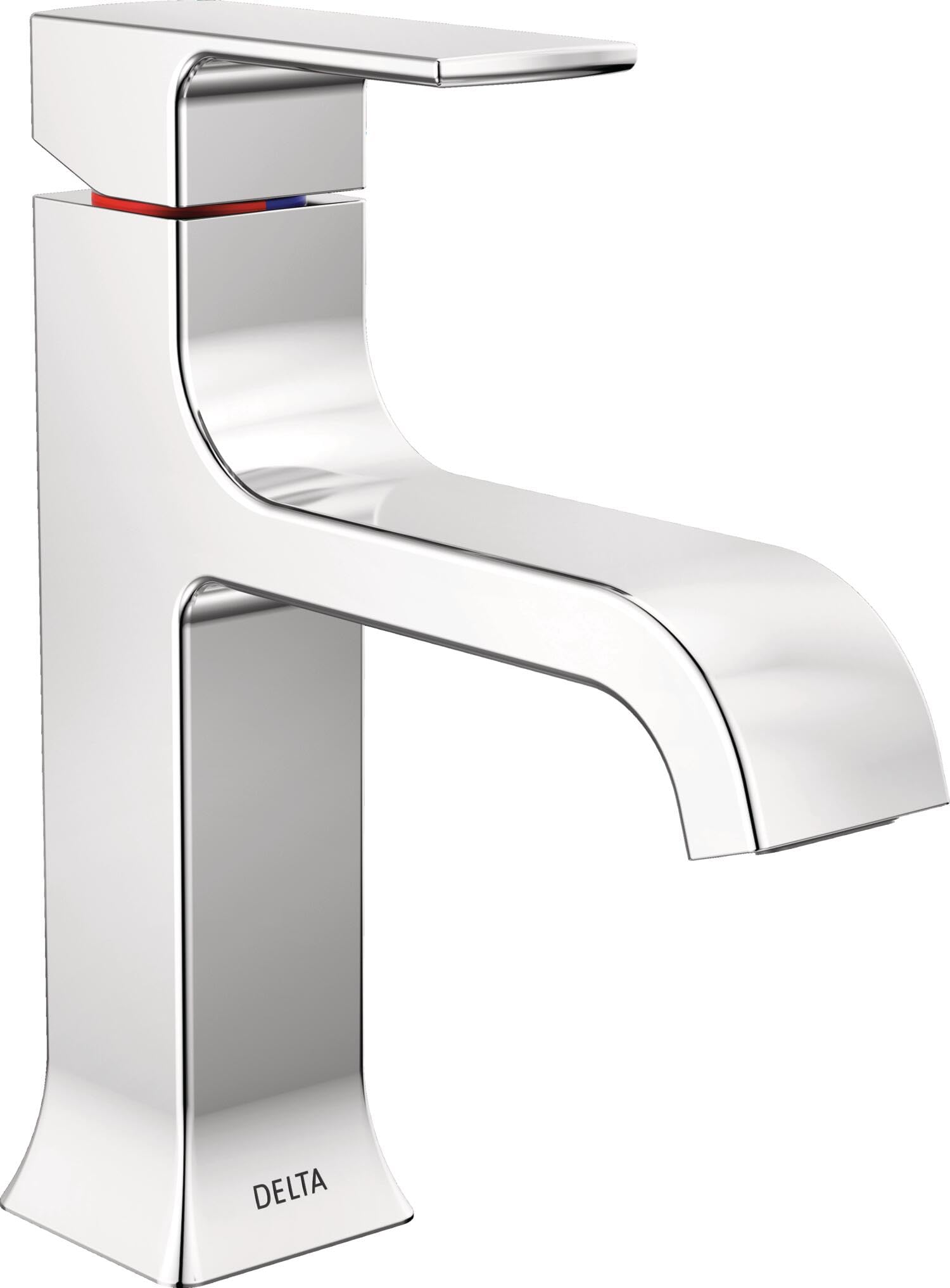 Chrome single-handle bathroom faucet with curved spout and white base featuring red and blue indicator marks.