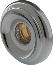 Chrome escutcheon plate with brass threaded fitting visible in center opening for tub and shower installation.