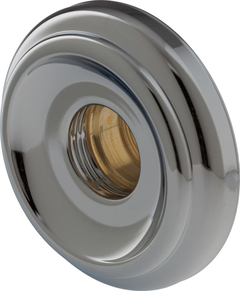 Chrome escutcheon plate with brass threaded fitting visible in center opening for tub and shower installation.