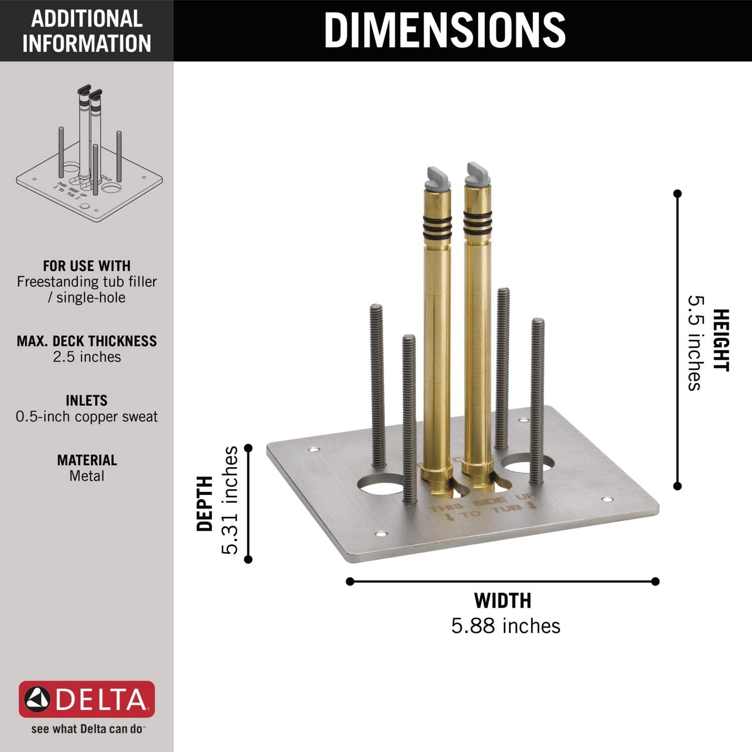 Floor mount tub filler rough-in with two brass valve bodies, metal base plate, and mounting hardware shown with dimensions.