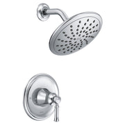 Chrome shower system with round rainshower head and wall-mounted control valve trim, shown separately.