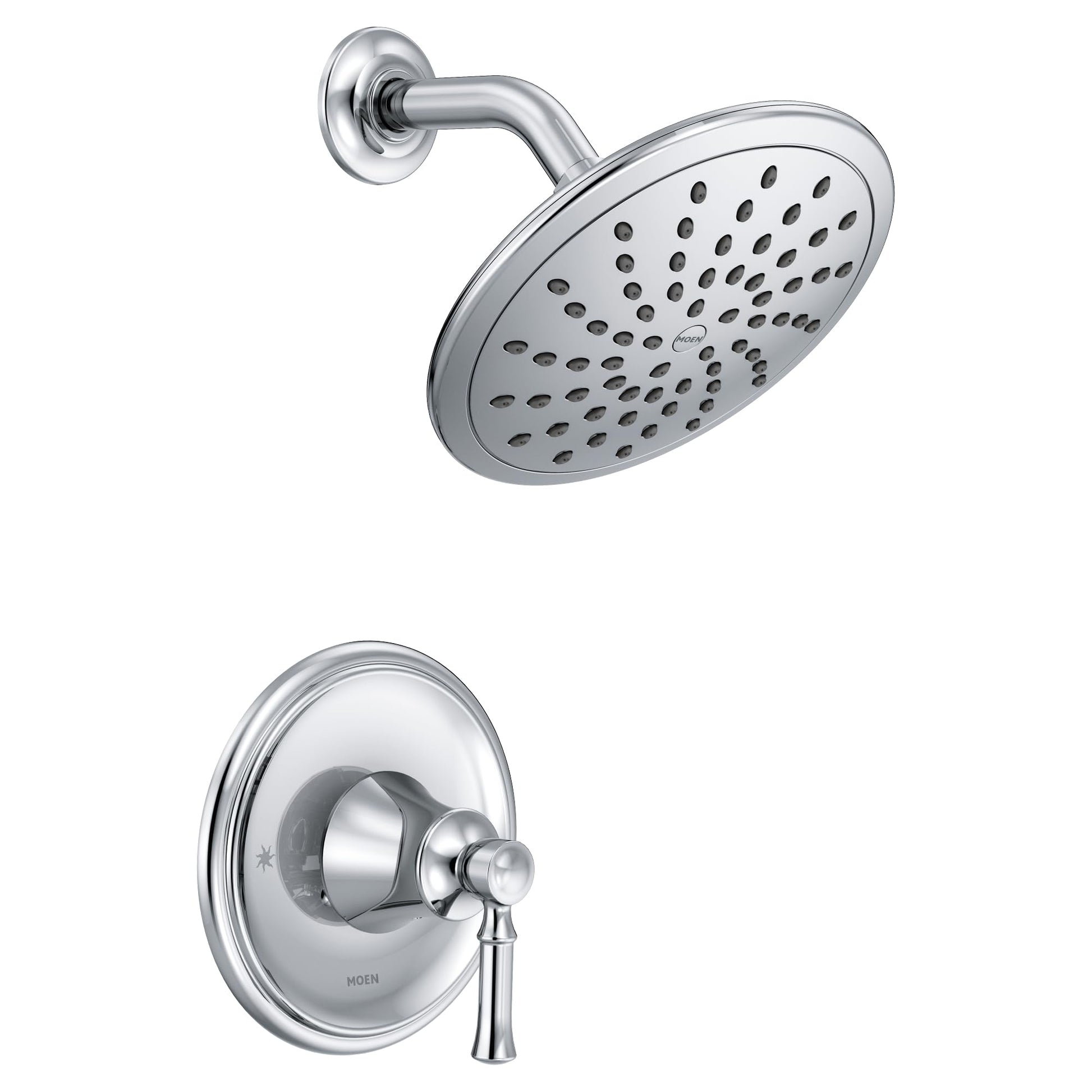 Chrome shower system with round rainshower head and wall-mounted control valve trim, shown separately.