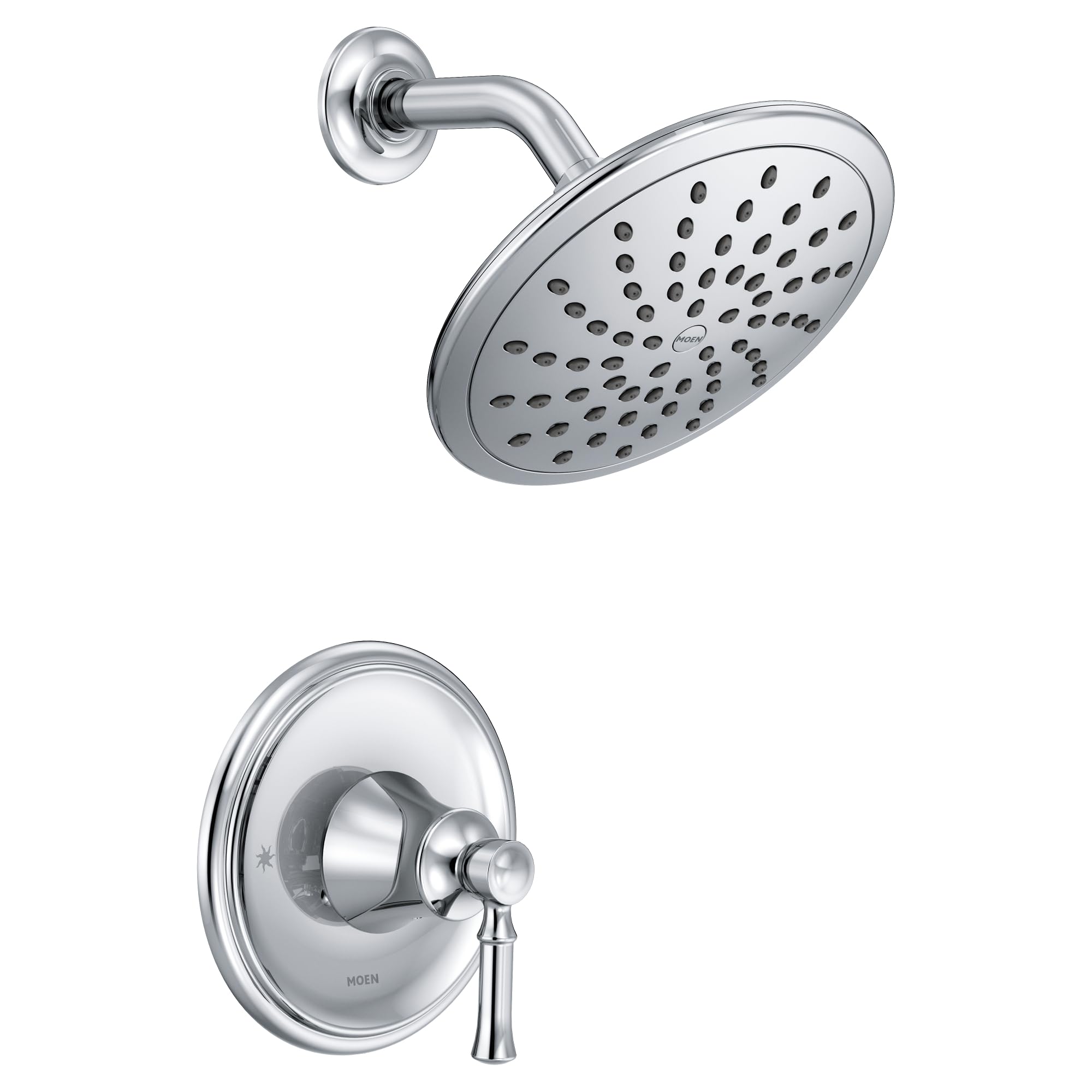 Chrome shower system with round rainshower head and wall-mounted control valve trim, shown separately.