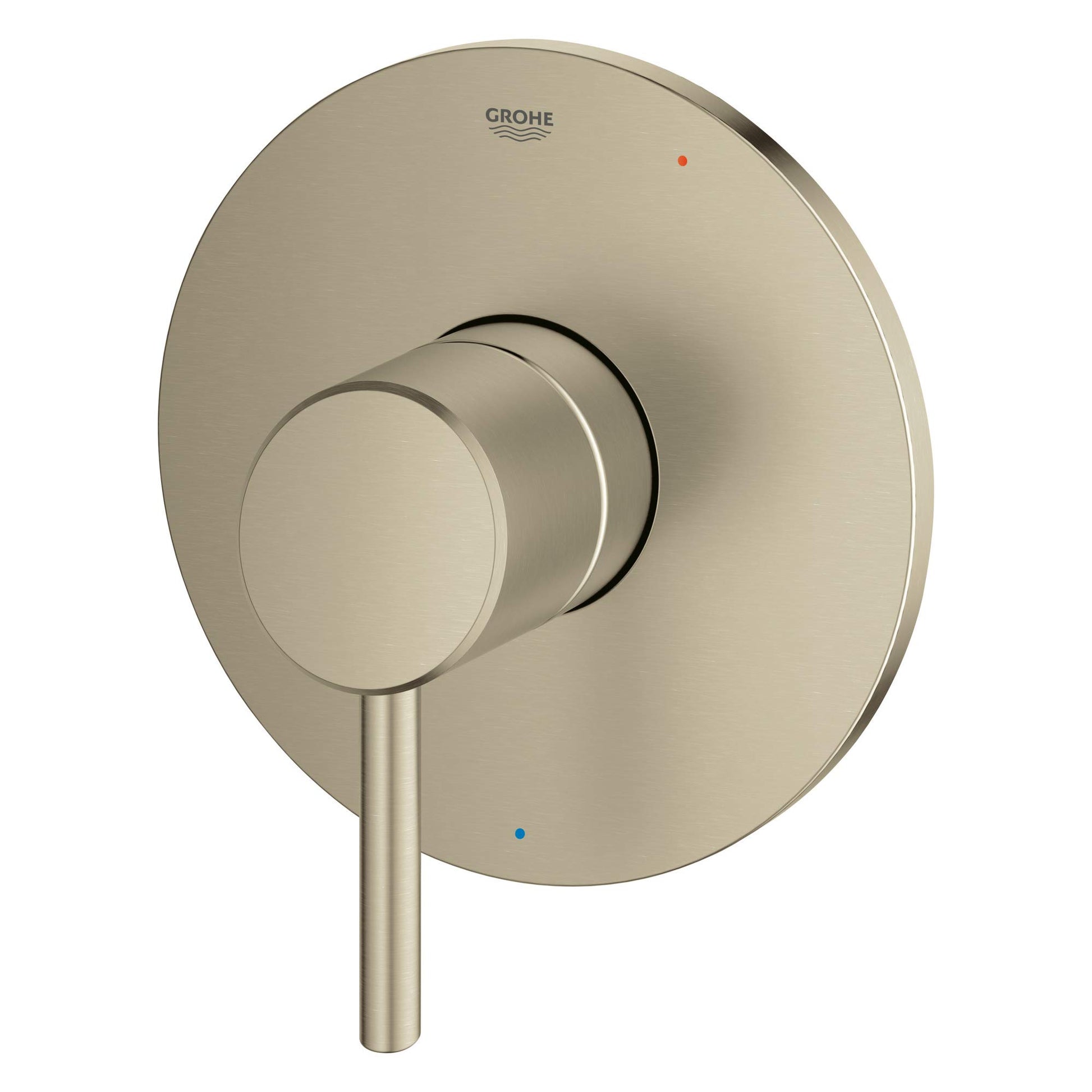 Brushed nickel circular valve trim with single lever handle and red and blue indicator dots.