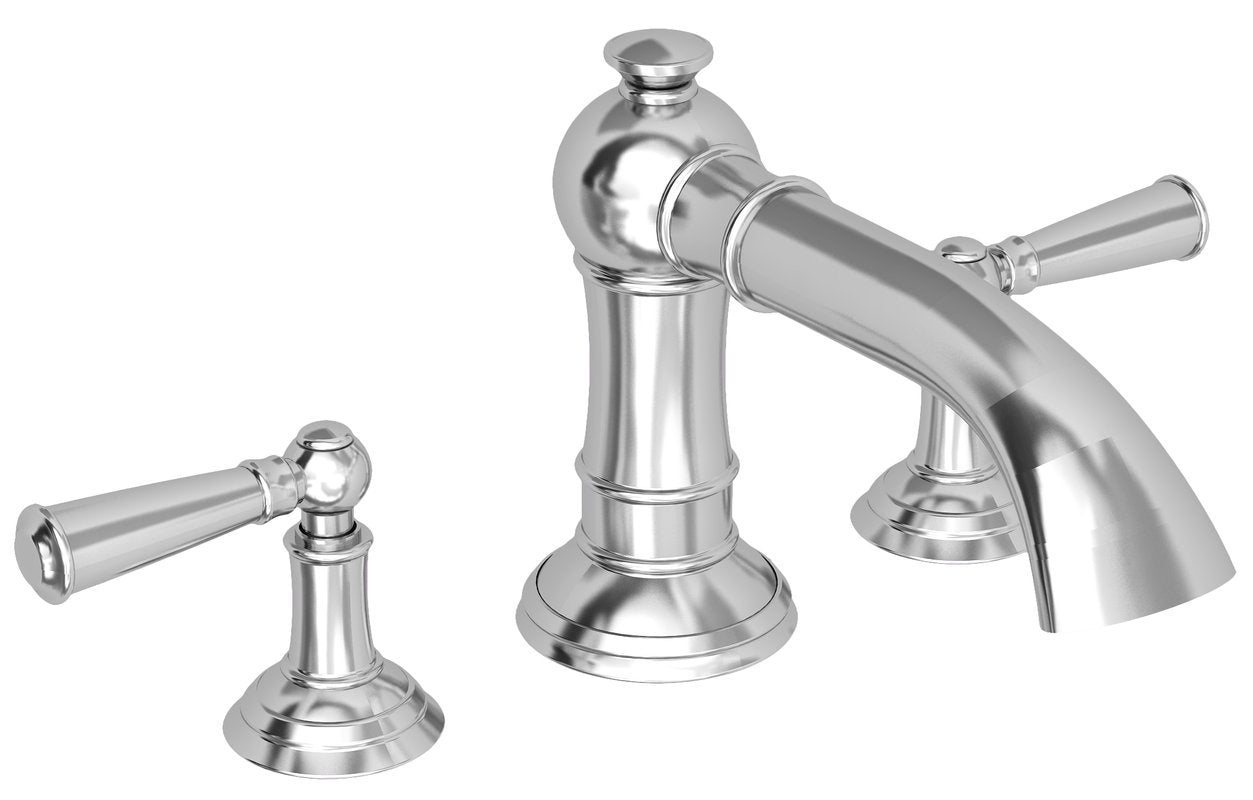 Satin nickel three-piece roman tub faucet with lever handles and curved spout.