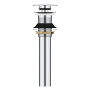 Chrome push drain assembly for bathroom sink with wide cap and threaded components, no overflow hole.