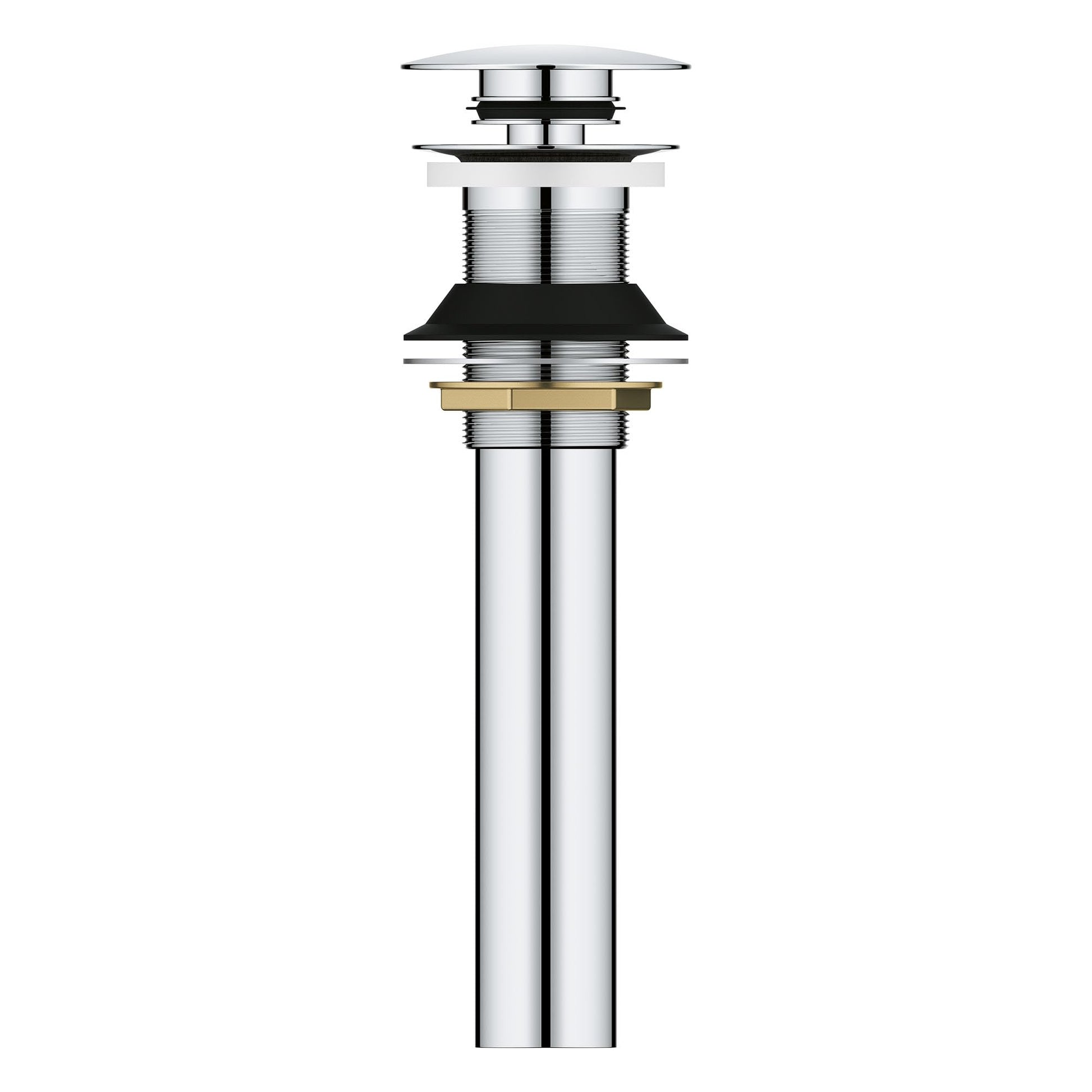 Chrome push drain assembly for bathroom sink with wide cap and threaded components, no overflow hole.