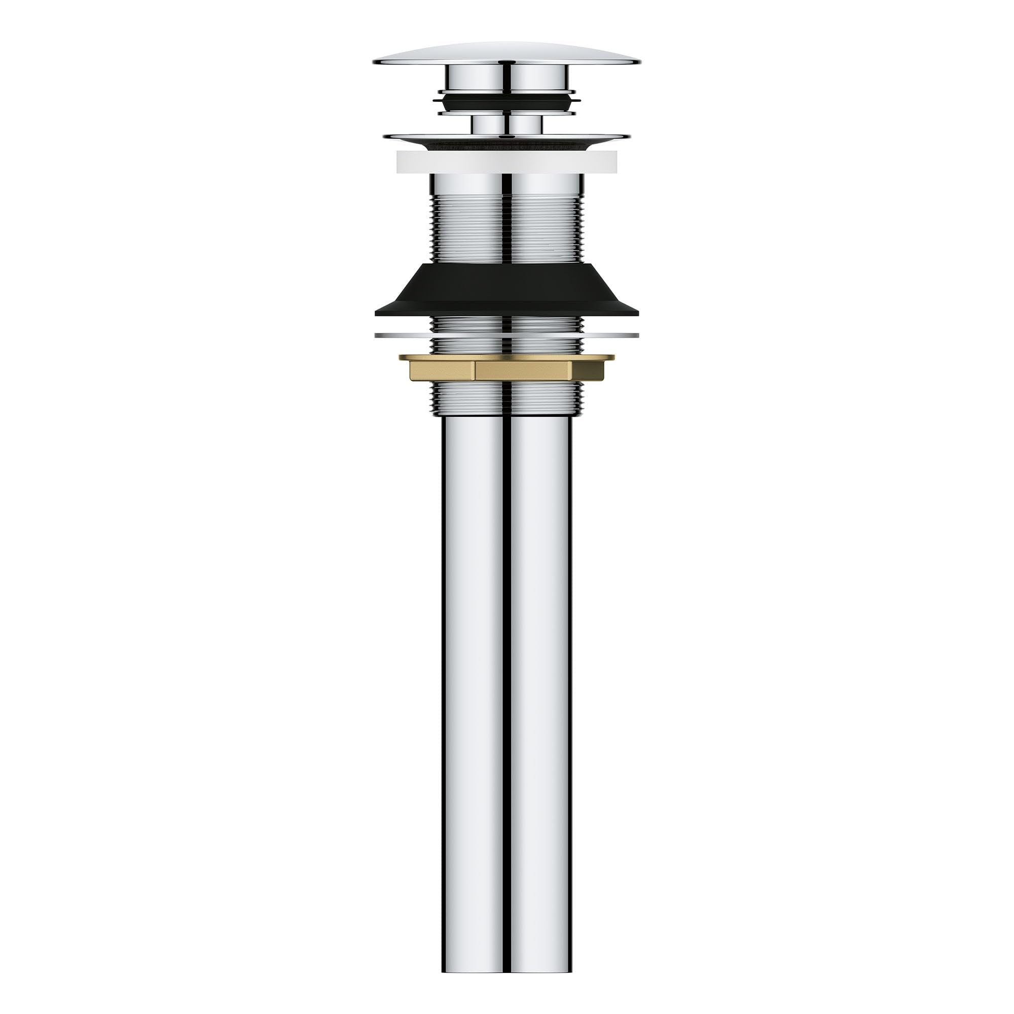 Chrome push drain assembly for bathroom sink with wide cap and threaded components, no overflow hole.