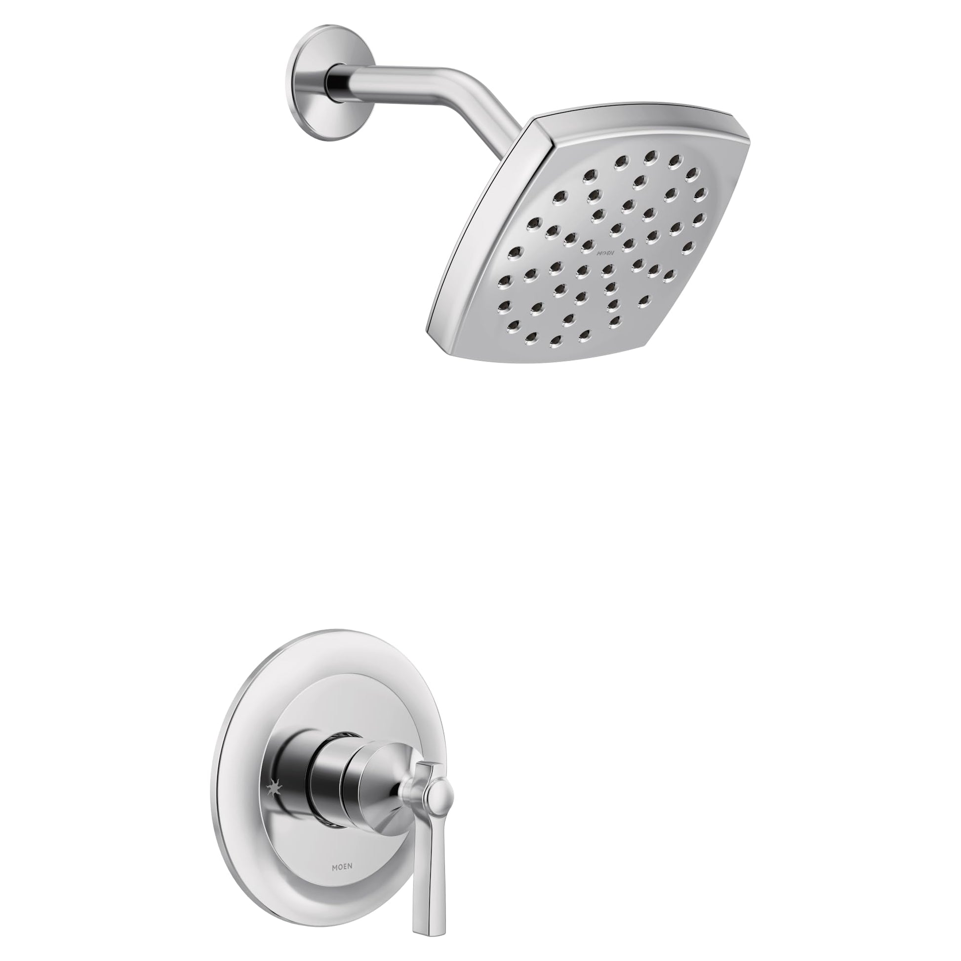 Chrome shower trim kit with single lever handle, square showerhead with spray holes, and curved arm.