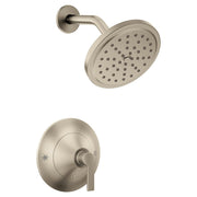 Brushed nickel shower kit with round showerhead and wall-mounted valve trim with lever handle.