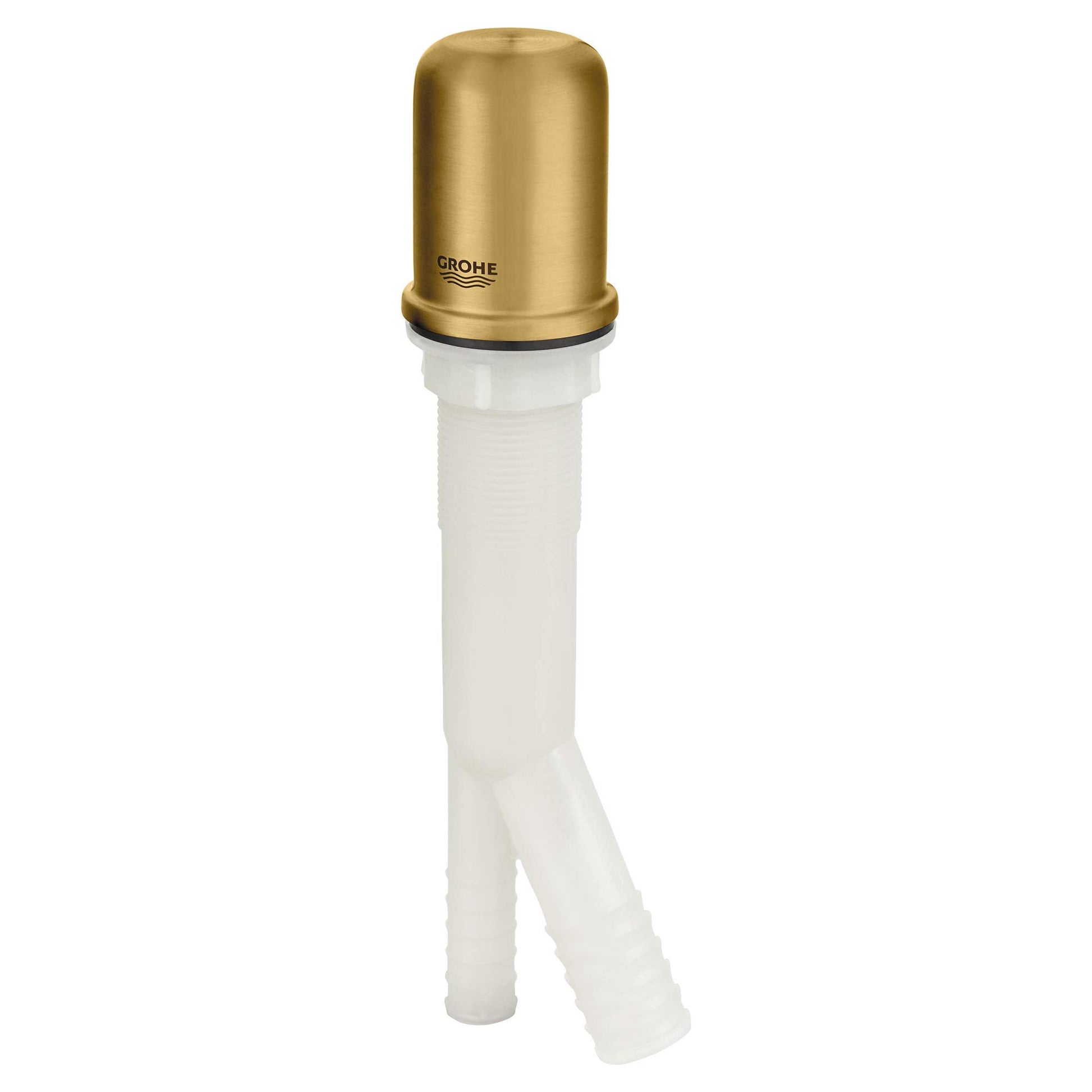 Grohe air gap with brushed gold metal cap and white plastic body with dual outlet pipes.