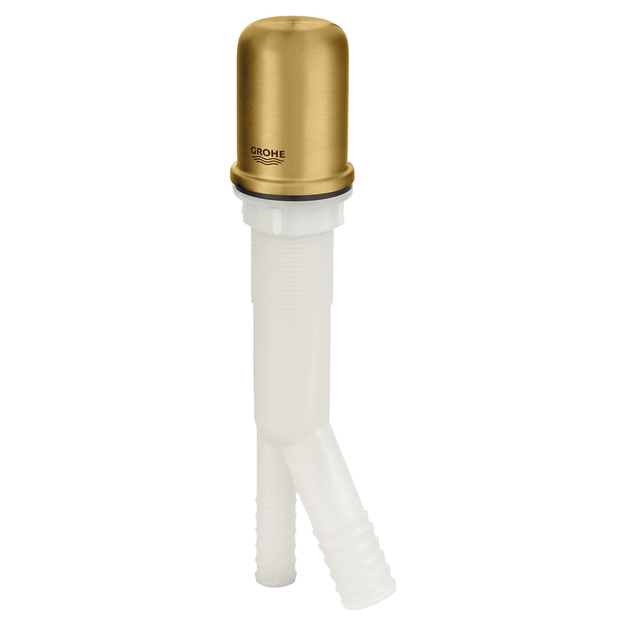 Grohe air gap with brushed gold metal cap and white plastic body with dual outlet pipes.