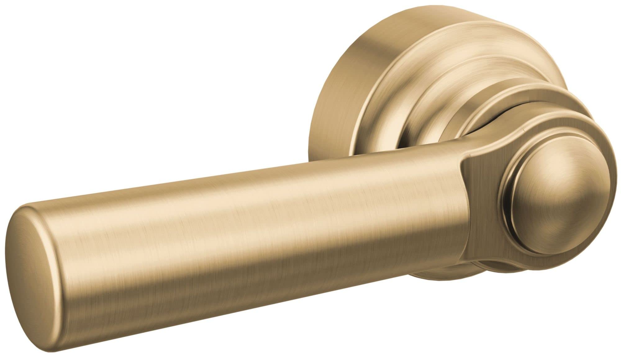 Champagne bronze toilet tank lever with cylindrical handle and rounded escutcheon plate.