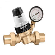 Brass pressure relief valve with black and white adjustment cap and attached round pressure gauge displaying PSI reading.