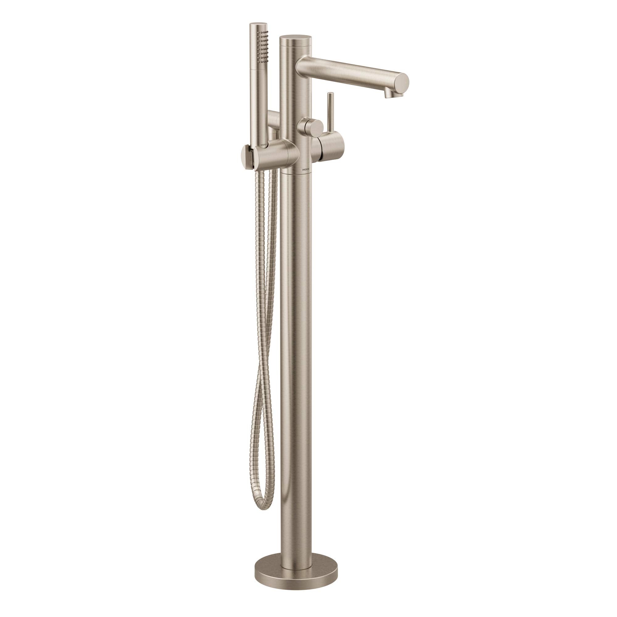 Brushed nickel freestanding tub filler with single handle, spout, and detachable handshower with hose.