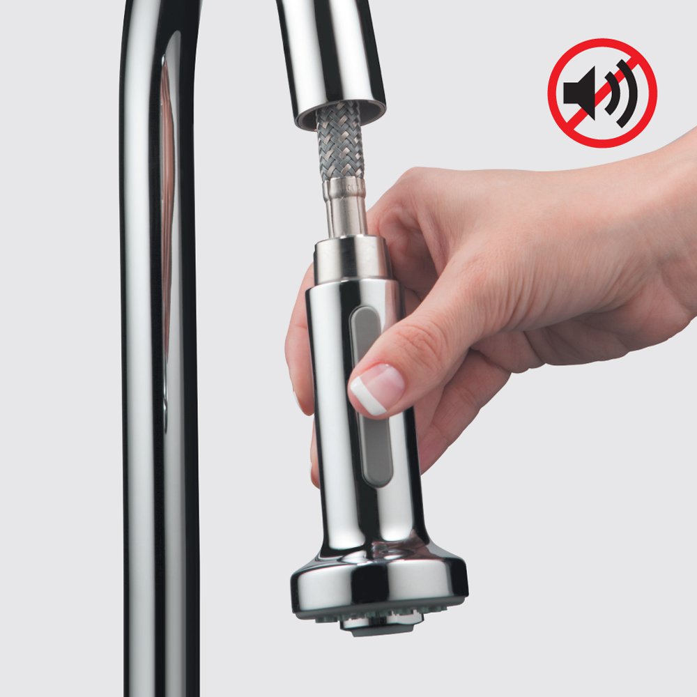 Steel Optic pull-down kitchen faucet with spray head in hand, showing flexible hose and control lever.