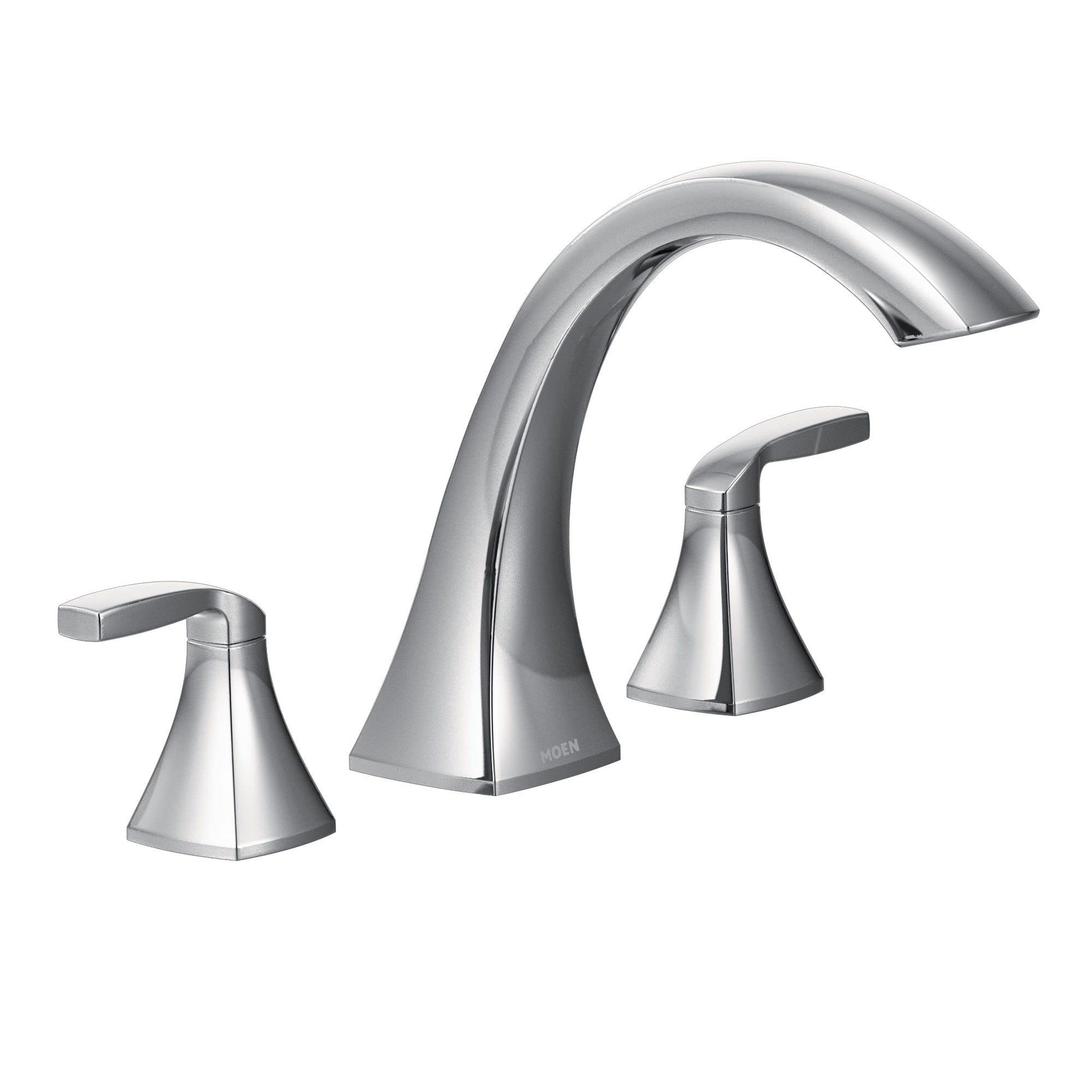Chrome two-handle deck mount roman tub faucet with curved spout and lever handles.
