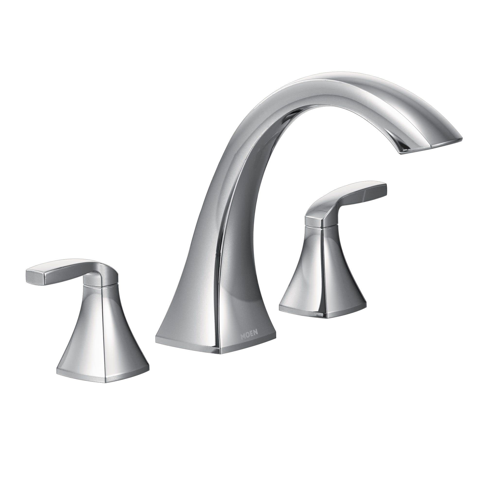 Chrome two-handle deck mount roman tub faucet with curved spout and lever handles.