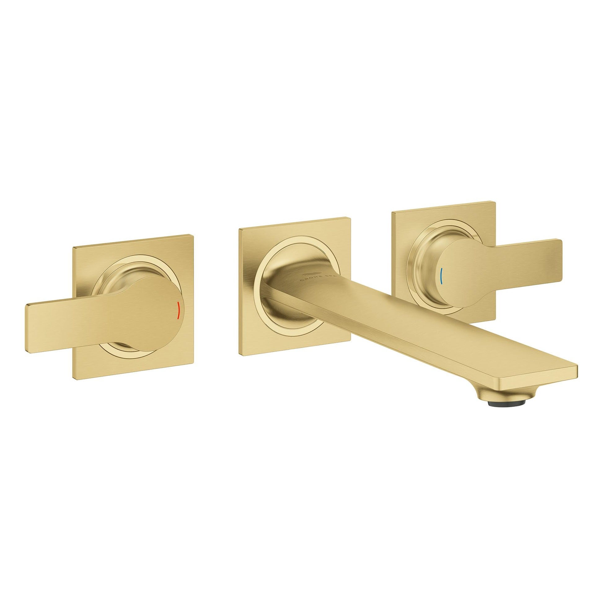 Brushed gold wall-mounted faucet with two lever handles and a curved spout.