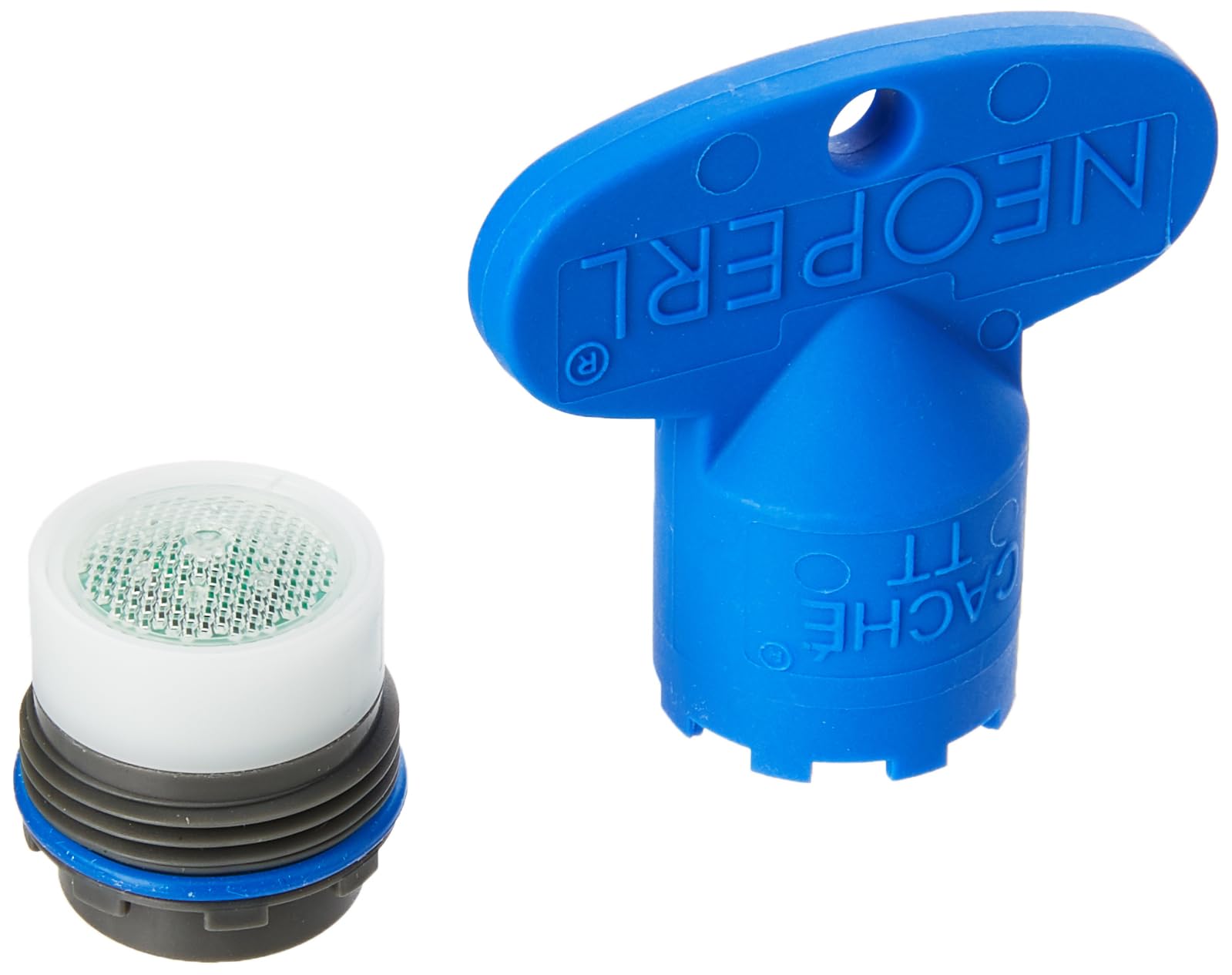 Blue plastic flow control cartridge with white aerator screen and gray rubber seals for Grohe faucets.