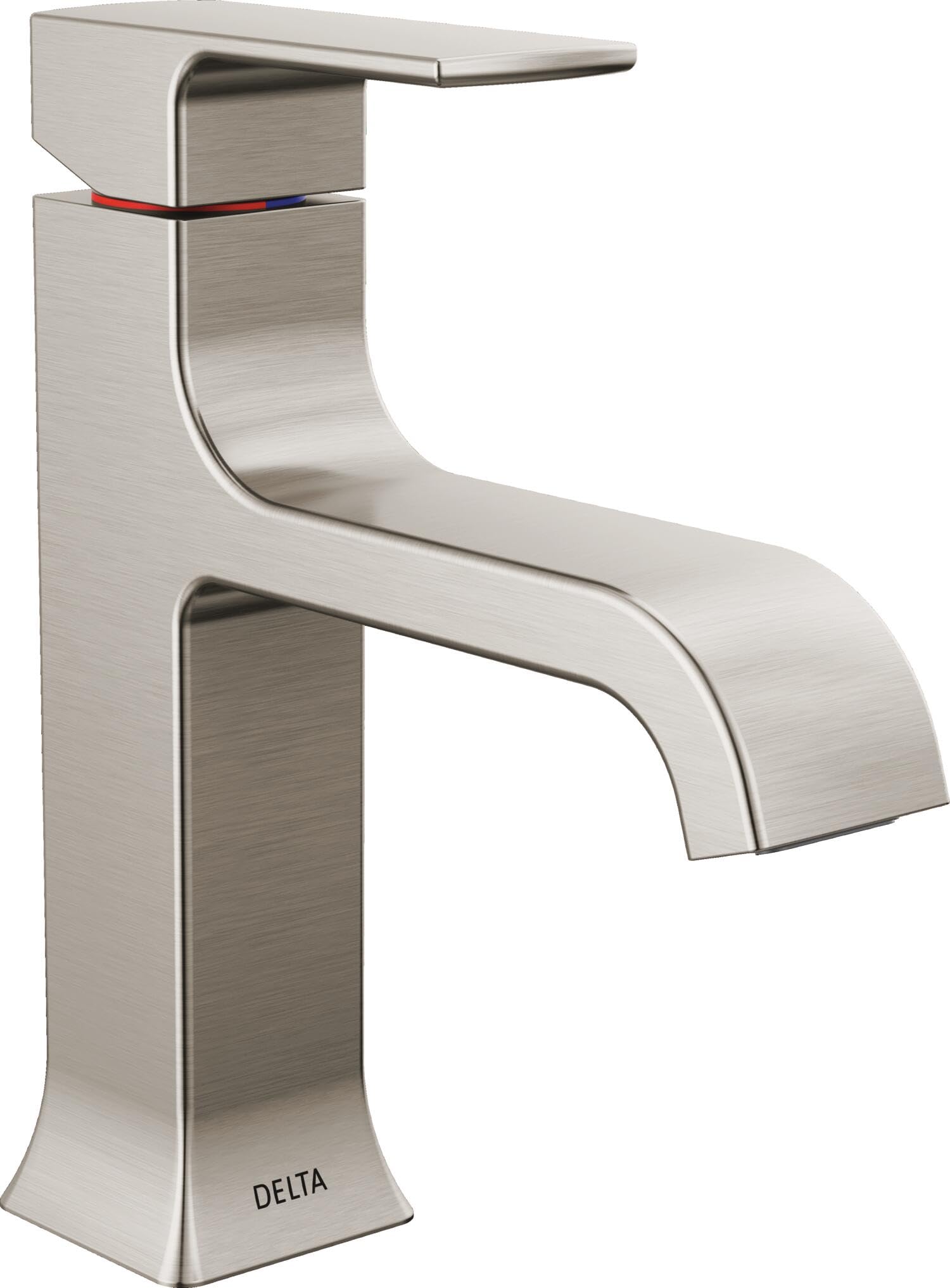 Stainless steel single-handle bathroom faucet with curved spout and squared base, showing red and blue indicator markings.
