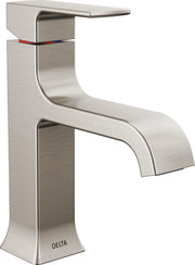 Stainless steel single-handle bathroom faucet with curved spout and squared base, showing red and blue indicator markings.