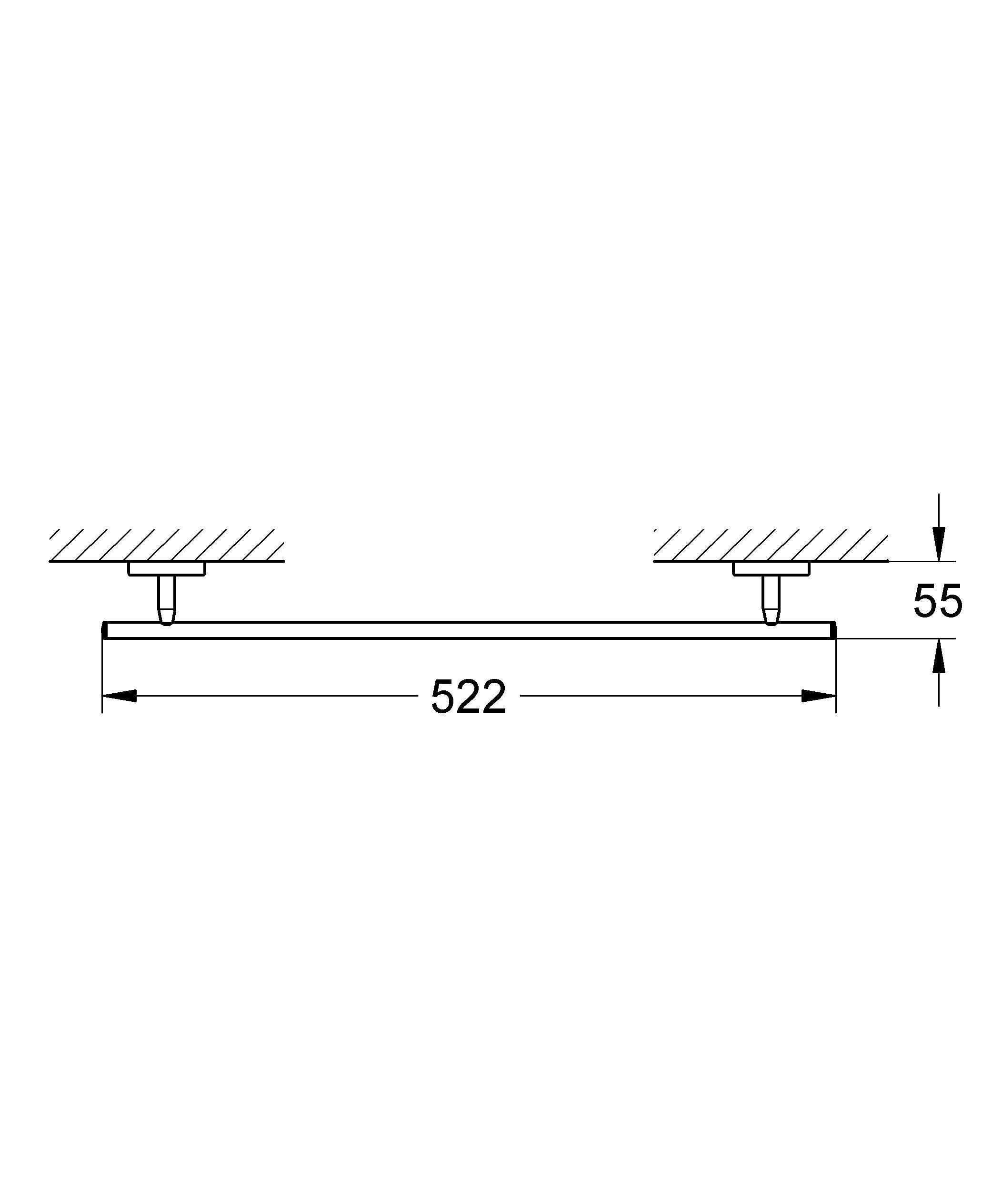 Chrome towel bar with wall-mounted hardware shown in technical diagram with dimensions.